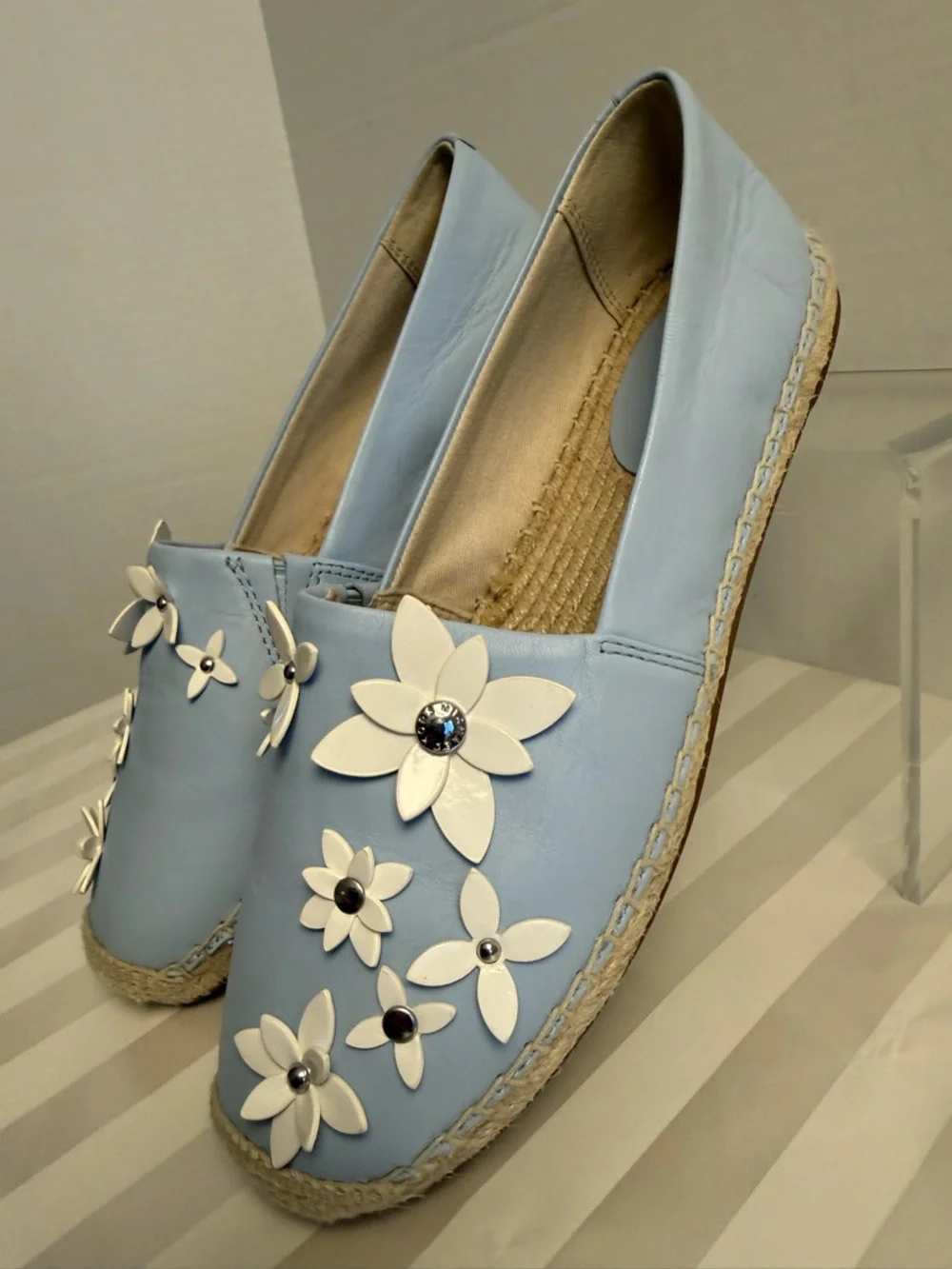 Michael Kors Lola Espadrilles Blue Leather Floral Slip On Size 36 NWOT